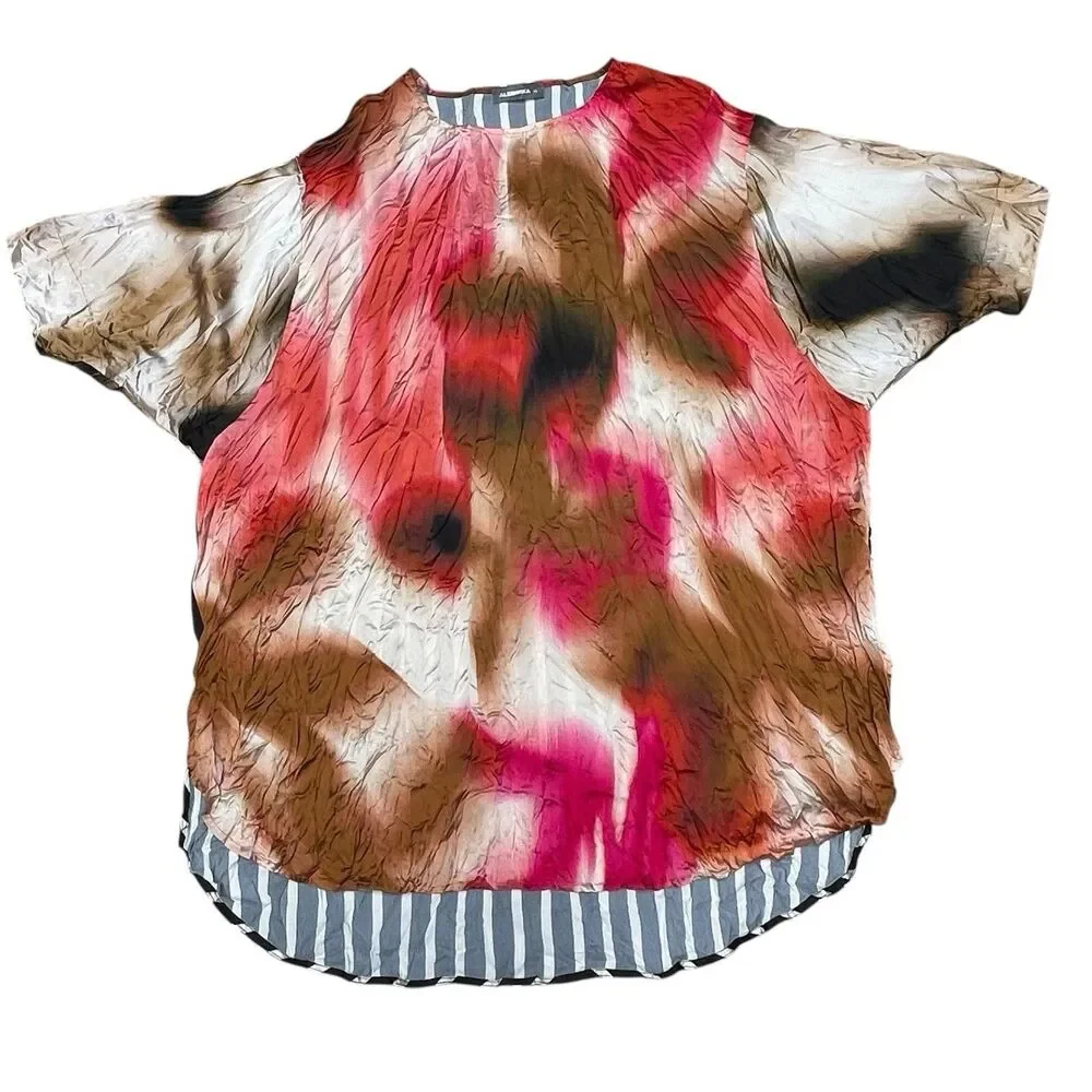 Alembika Oversized Tunic Dress XS Crinkle Satin Abstract Butterfly Art to Wear